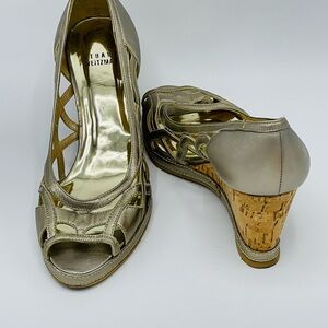 Stuart Weitzman Metallic Taupe Peep-Toe Wedge Shoes